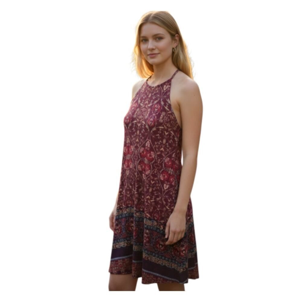 XHILARATION BOHO-INSPIRED MAROON, MINT, TEAL FLORAL DRESS SZ.S EUC.